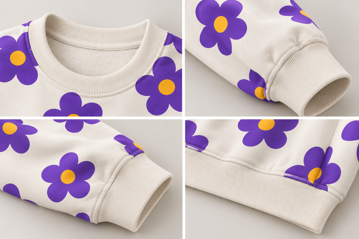 purple floral print with yellow centers on a powder white TEEZO sweatshirt