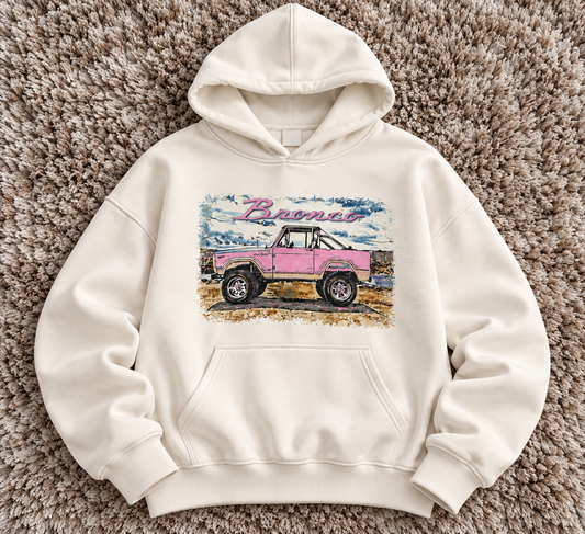 TEEZO Cream Bronco Oversized Graphic Hoodie with Vintage 4x4 Car Graphic
