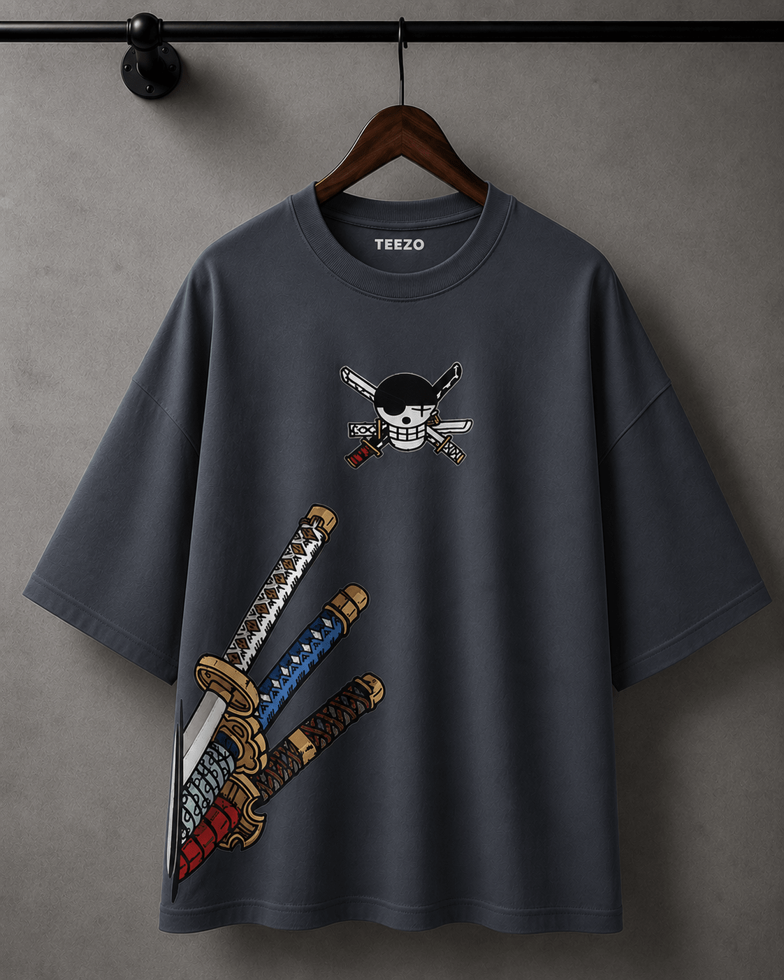 Premium oversized cotton T-shirt featuring an anime-inspired swords graphic for unisex streetwear.