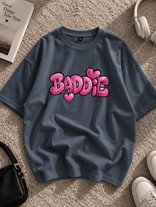 Dark blue grey oversized BADDIE graphic T-shirt with pink lettering