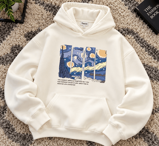 Off-white oversized hoodie with blue graphic print