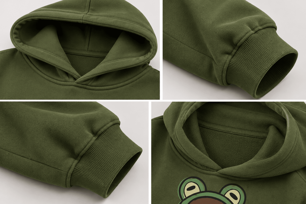 TEEZO olive green oversized hoodie with a cute cartoon bear graphic on the front, styled on a female model in a casual indoor setting.