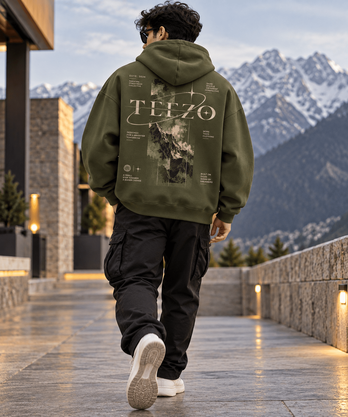 TEEZO olive green oversized graphic hoodie with mountain and cosmic streetwear design