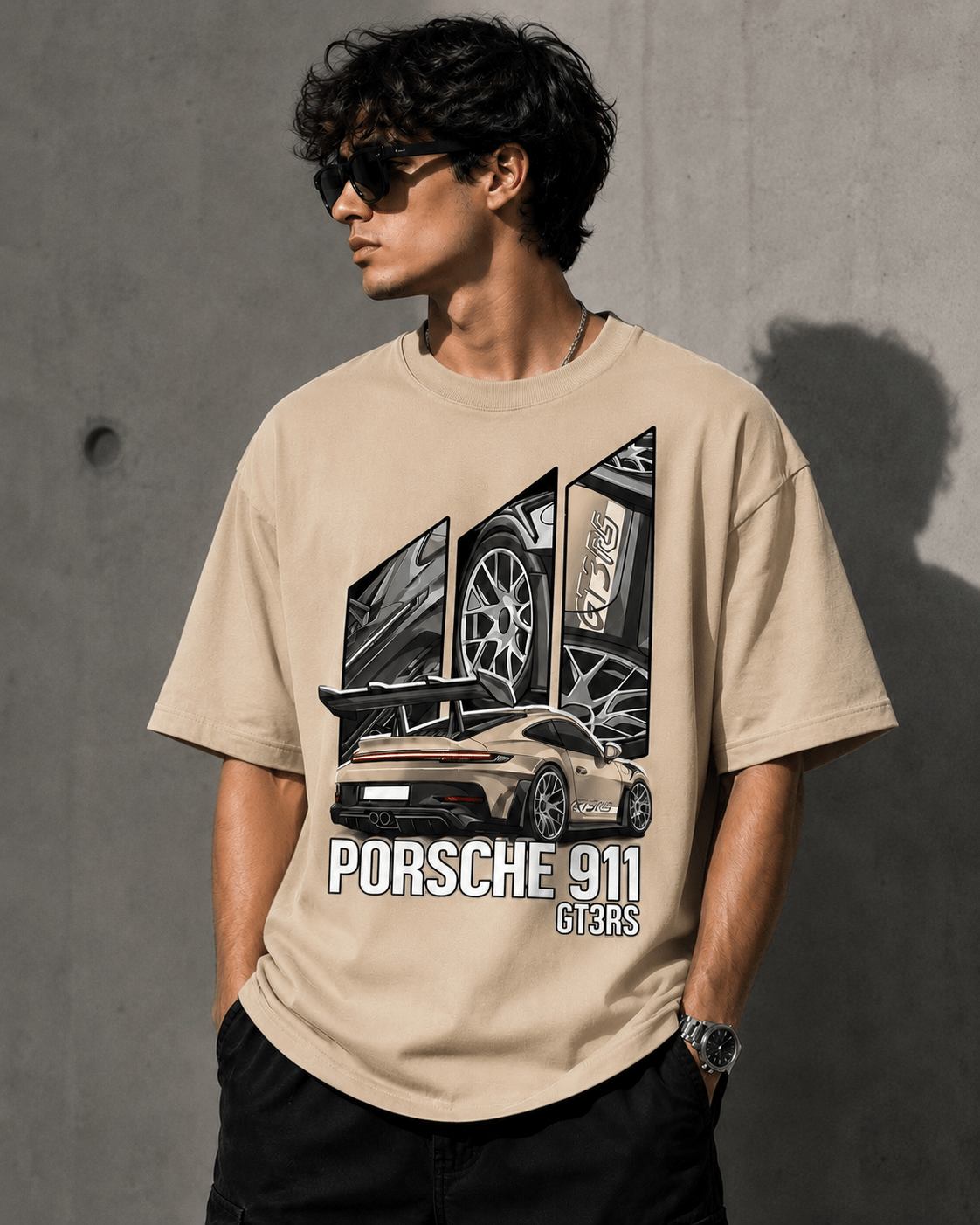 Porshe 911 (Beige) oversized drop shoulder T-shirt by TEEZO Pakistan