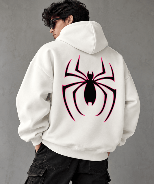 TEEZO off white oversized hoodie with black and pink spider graphic back print