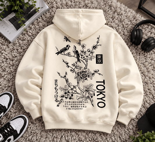 TEEZO Tokyo Sakura off white oversized hoodie featuring black Japanese floral artwork, birds and Tokyo graphic print on the back, styled on a male model.