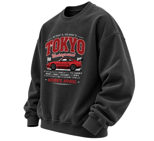 TEEZO Black Tokyo Underground Oversized Graphic Sweatshirt with Red Japanese Sports Car