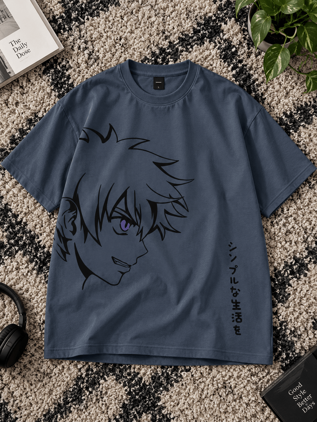 Blue Grey Oversized Anime T-Shirt – Modern Japanese Streetwear Style - Teezo