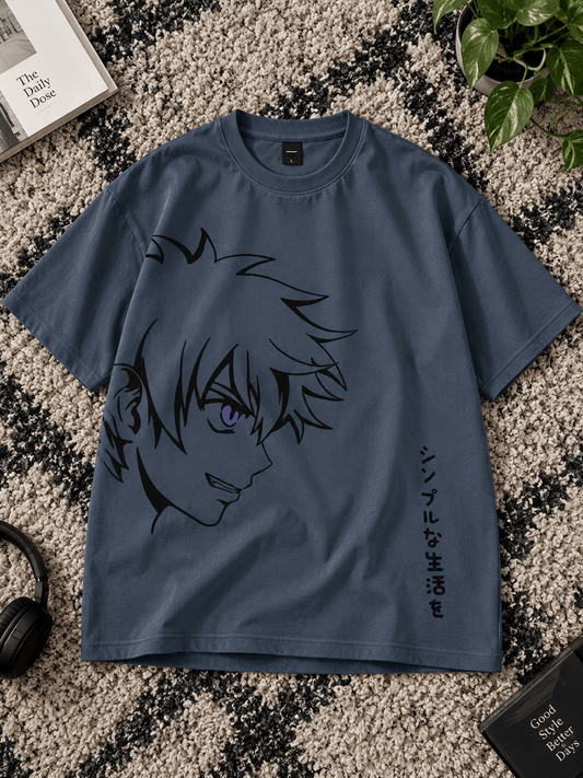 Blue Grey Oversized Anime T-Shirt – Modern Japanese Streetwear Style - Teezo