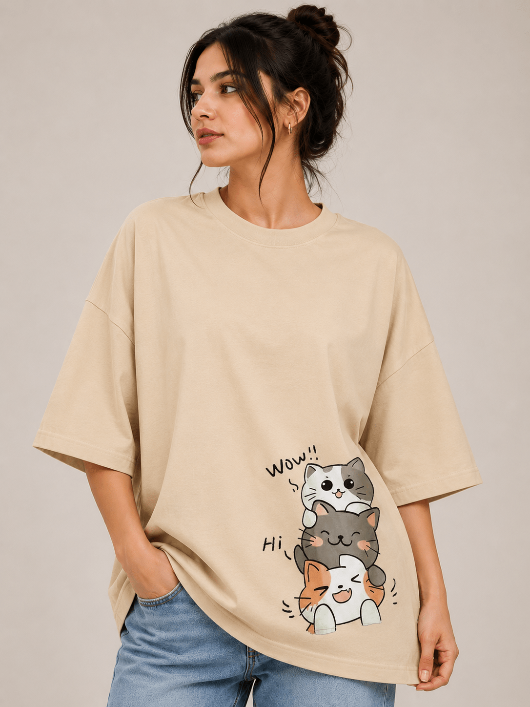 TEEZO 3 Cats WOW HI oversized drop shoulder t-shirt BEIGE