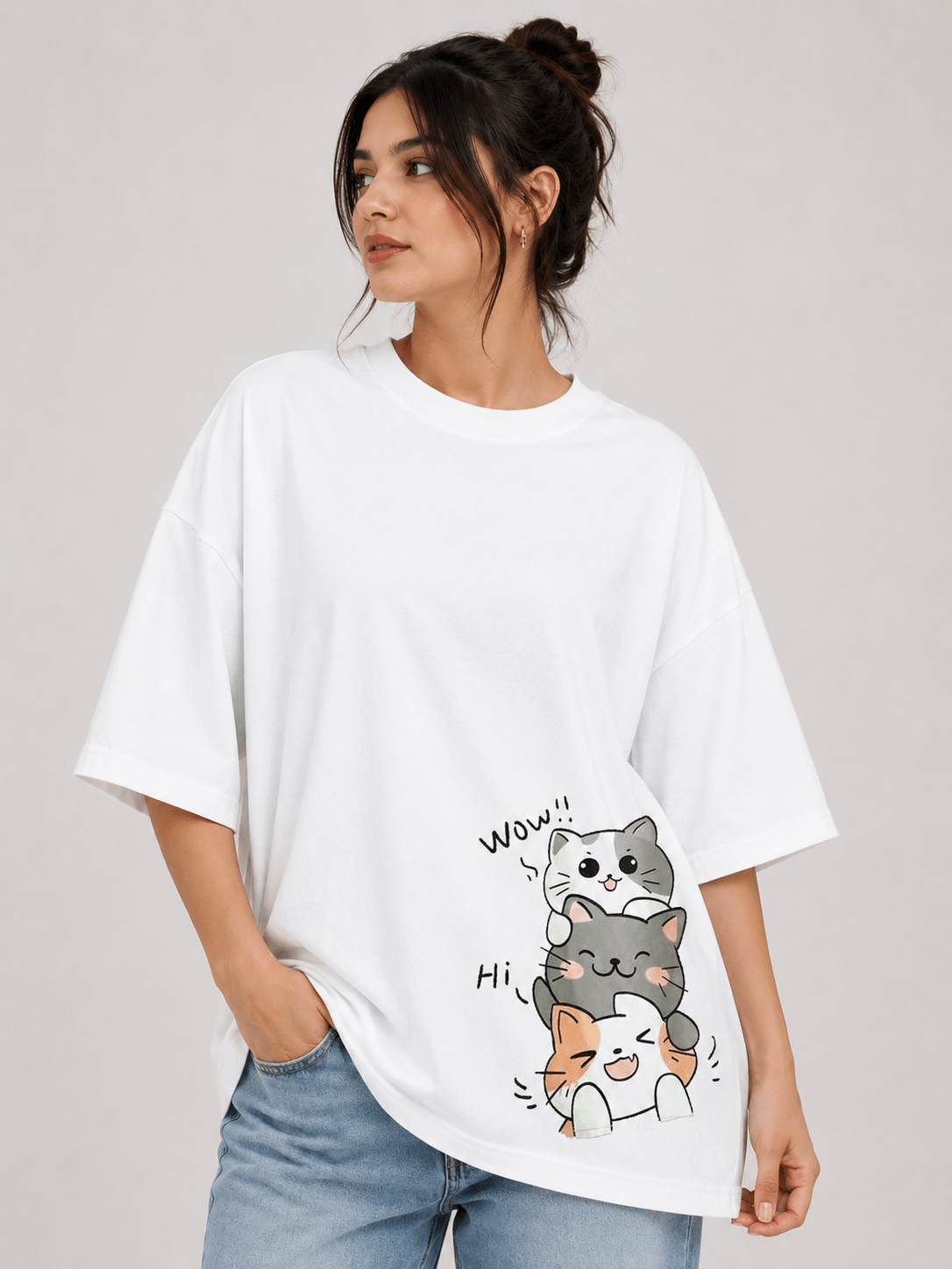 TEEZO 3 Cats WOW HI oversized drop shoulder t-shirt white