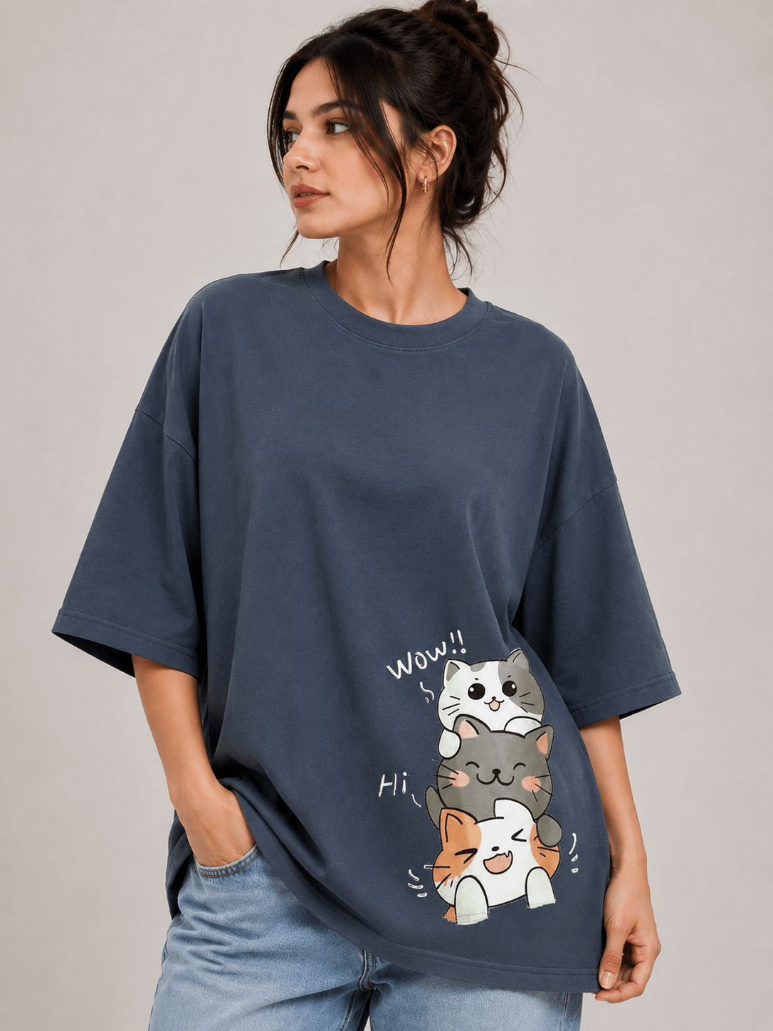 TEEZO 3 Cats WOW HI oversized drop shoulder t-shirt GREY