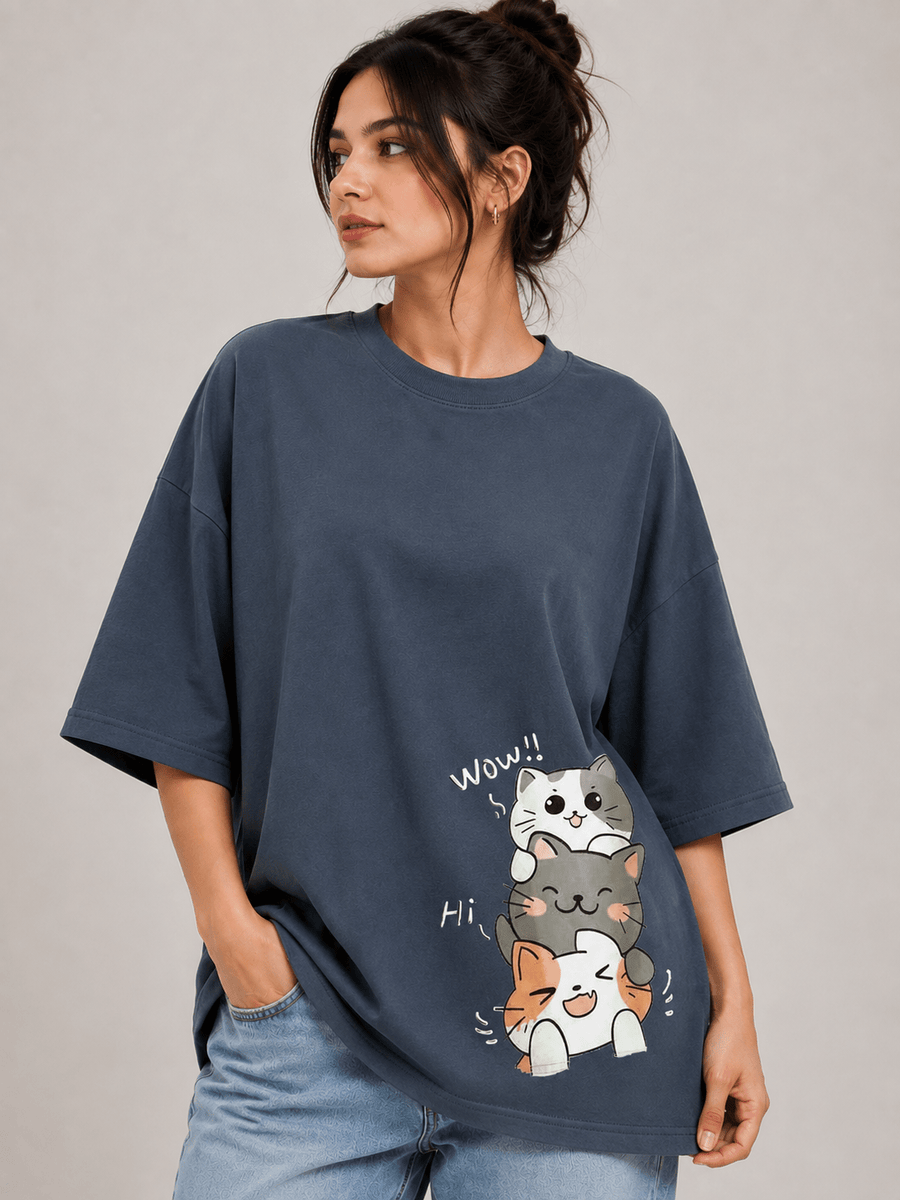 TEEZO 3 Cats WOW HI oversized drop shoulder t-shirt GREY