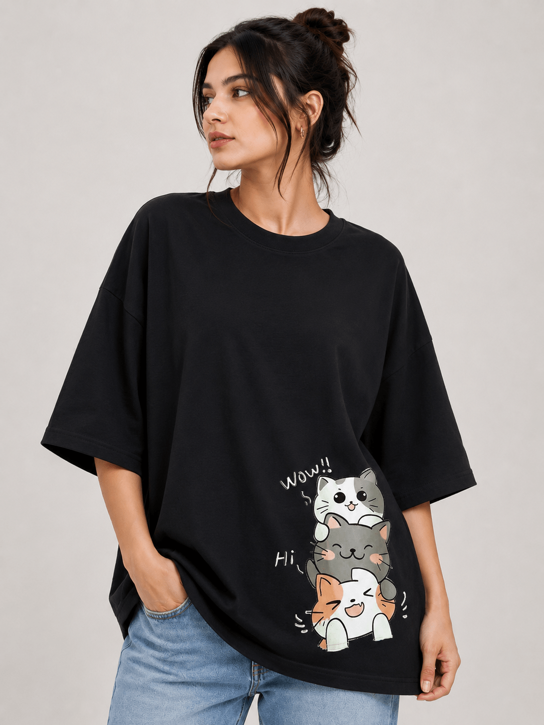 TEEZO 3 Cats WOW HI oversized drop shoulder t-shirt BLACK