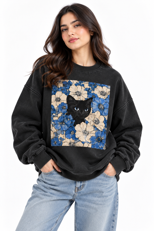 Blue Floral Cat Oversized Sweatshirt