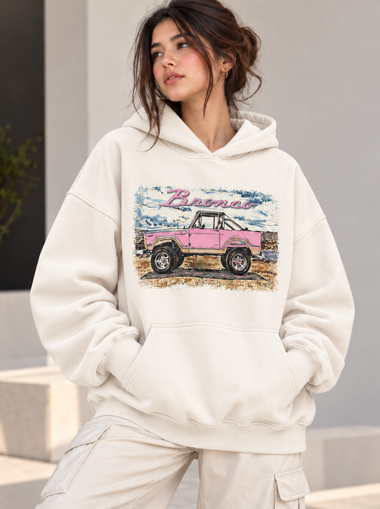 TEEZO Cream Bronco Oversized Graphic Hoodie with Vintage 4x4 Car Graphic