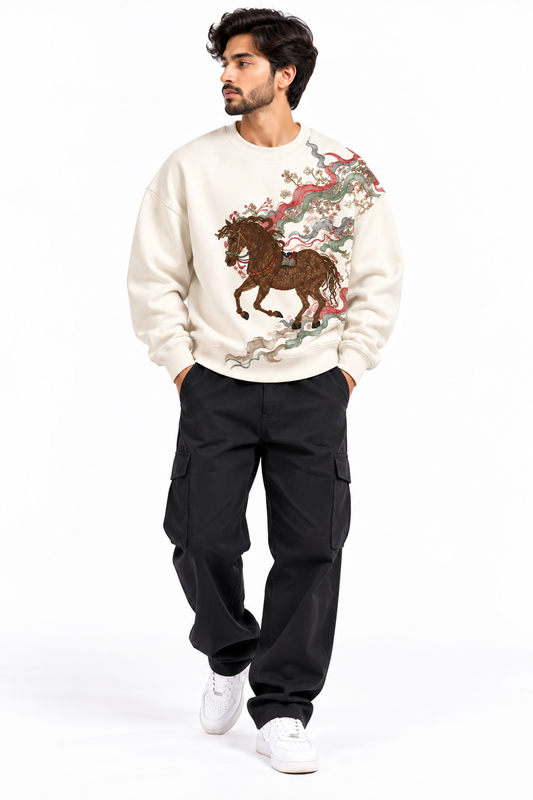 Horse Graphic Oversized Sweatshirt – Off White | TEEZO
