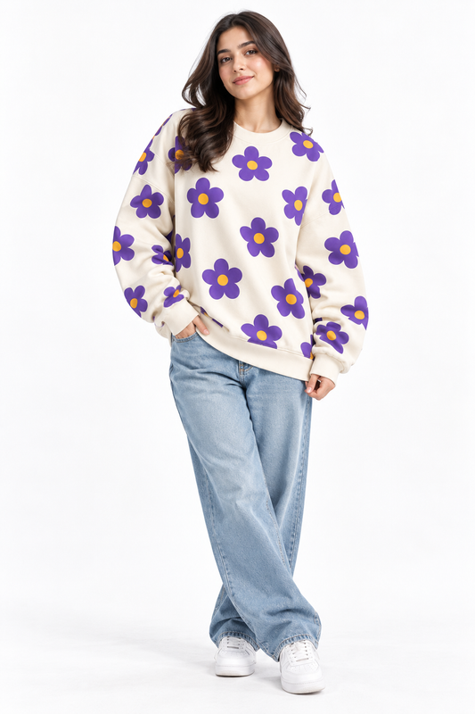 Purple Floral Oversized Sweatshirt – Powder White | TEEZO
