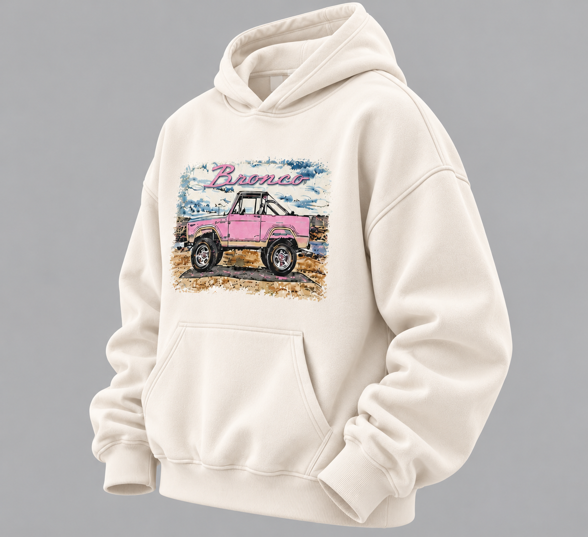 TEEZO Cream Bronco Oversized Graphic Hoodie with Vintage 4x4 Car Graphic