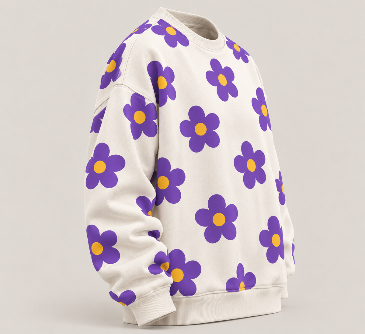 purple floral print with yellow centers on a powder white TEEZO sweatshirt