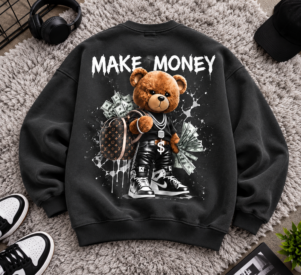 Make Money Bear oversized black sweatshirt with graphic back print