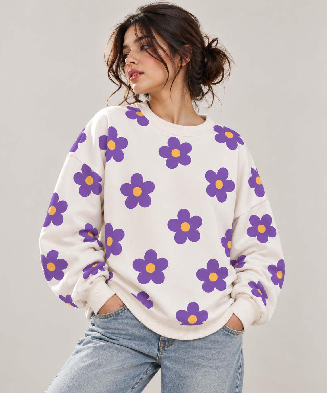 purple floral print with yellow centers on a powder white TEEZO sweatshirt