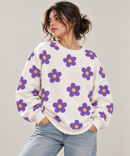 purple floral print with yellow centers on a powder white TEEZO sweatshirt