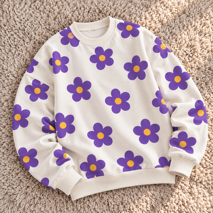 Purple Floral Oversized Sweatshirt – Powder White | TEEZO