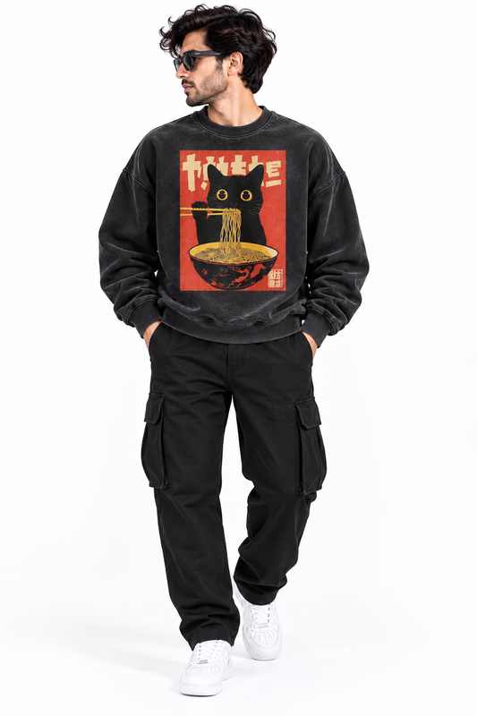 Japanese Cat Ramen Oversized Sweatshirt – Charcoal Black