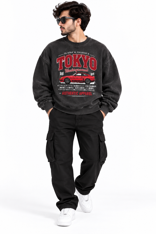 Tokyo Underground Oversized Graphic Sweatshirt – Charcoal Black