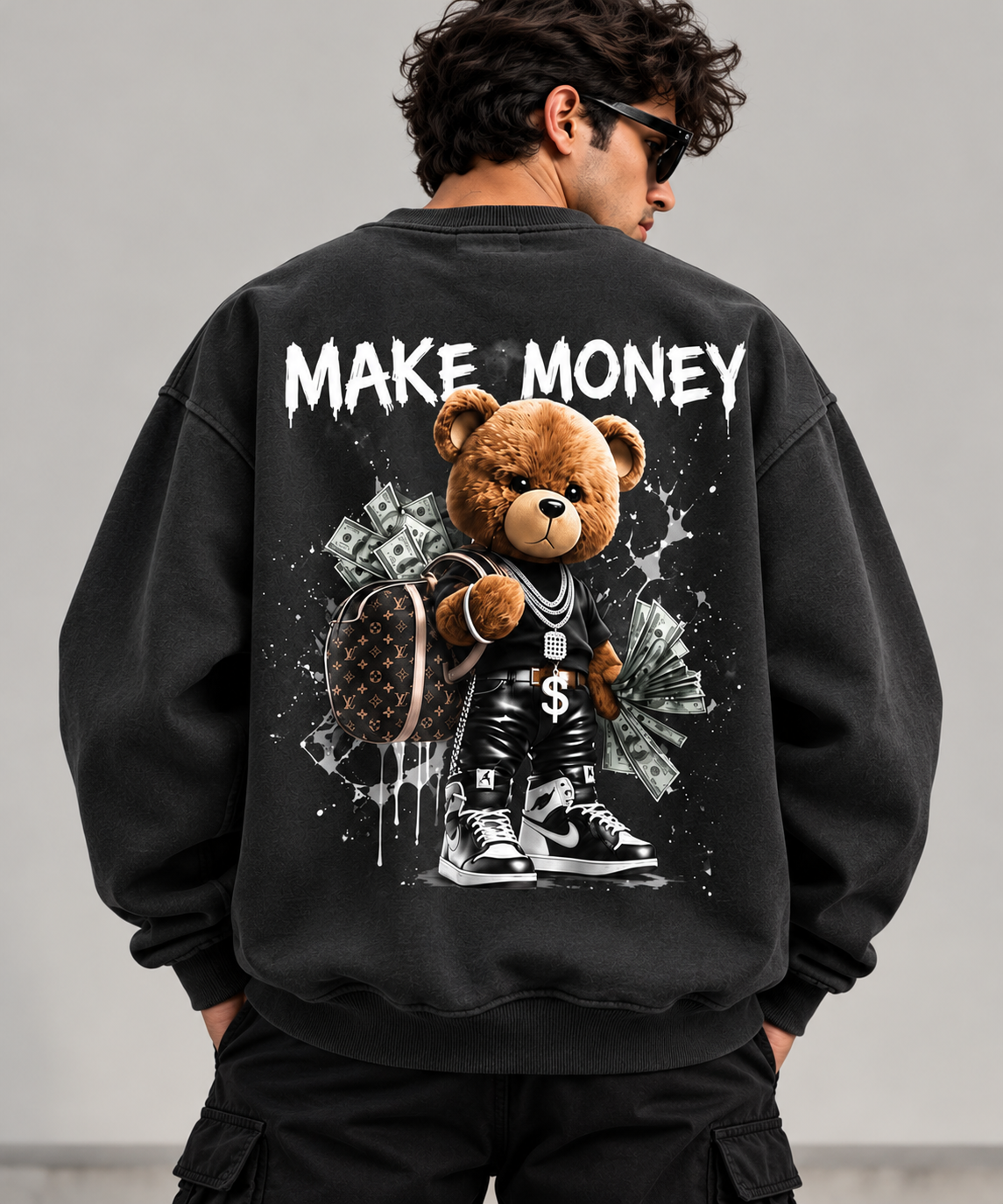 Make Money Bear oversized black sweatshirt with graphic back print