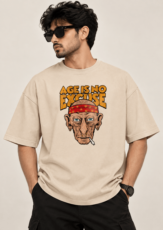 Beige oversized drop shoulder T-shirt with Age Is No Excuse vintage graphic print by TEEZO