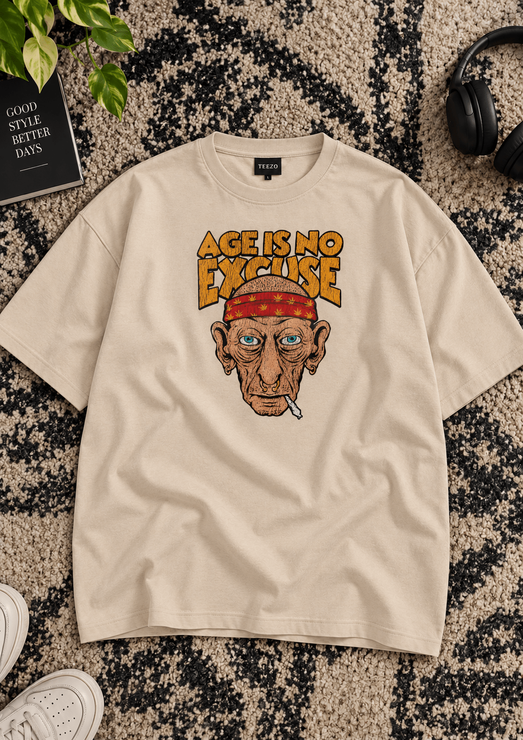 Beige oversized drop shoulder T-shirt with Age Is No Excuse vintage graphic print by TEEZO