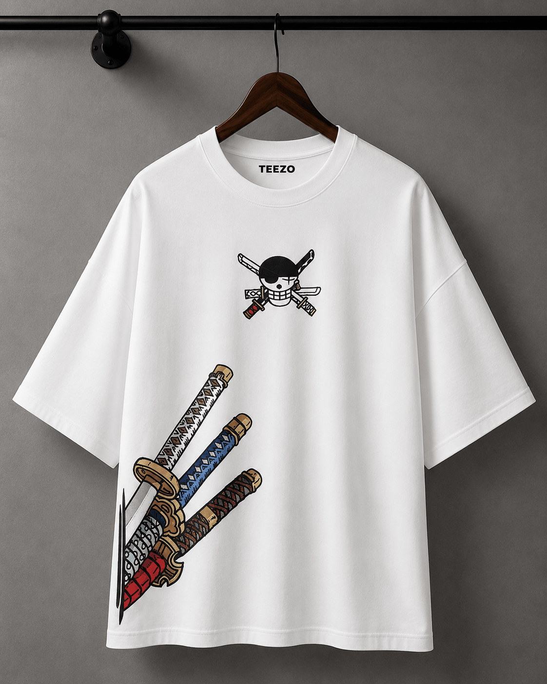 Premium oversized cotton T-shirt featuring an anime-inspired swords graphic for unisex streetwear.