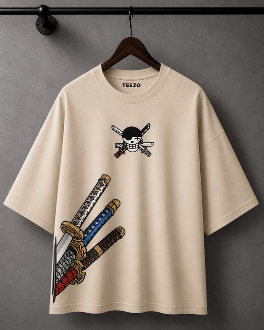 Premium oversized cotton T-shirt featuring an anime-inspired swords graphic for unisex streetwear.