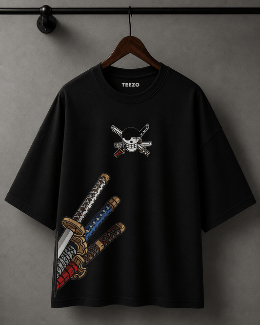 Premium oversized cotton T-shirt featuring an anime-inspired swords graphic for unisex streetwear.