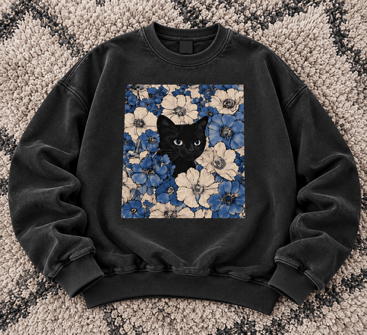 TEEZO black oversized sweatshirt with blue floral and cat graphic