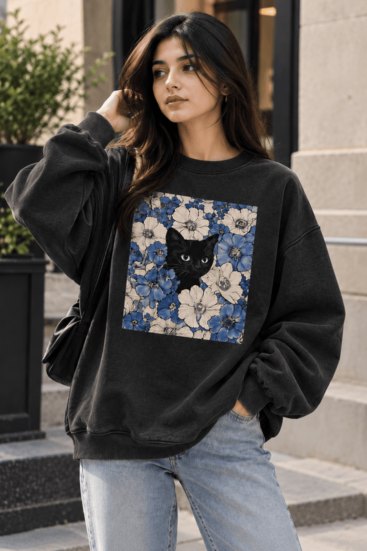 TEEZO black oversized sweatshirt with blue floral and cat graphic