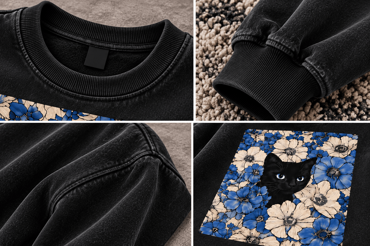 TEEZO black oversized sweatshirt with blue floral and cat graphic
