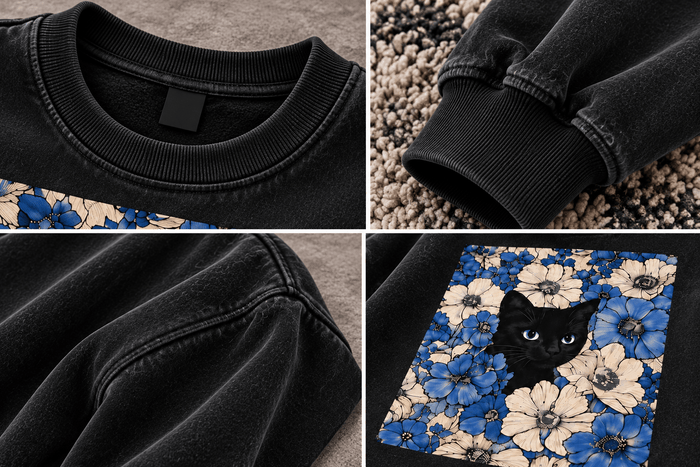 Blue Floral Cat Oversized Sweatshirt