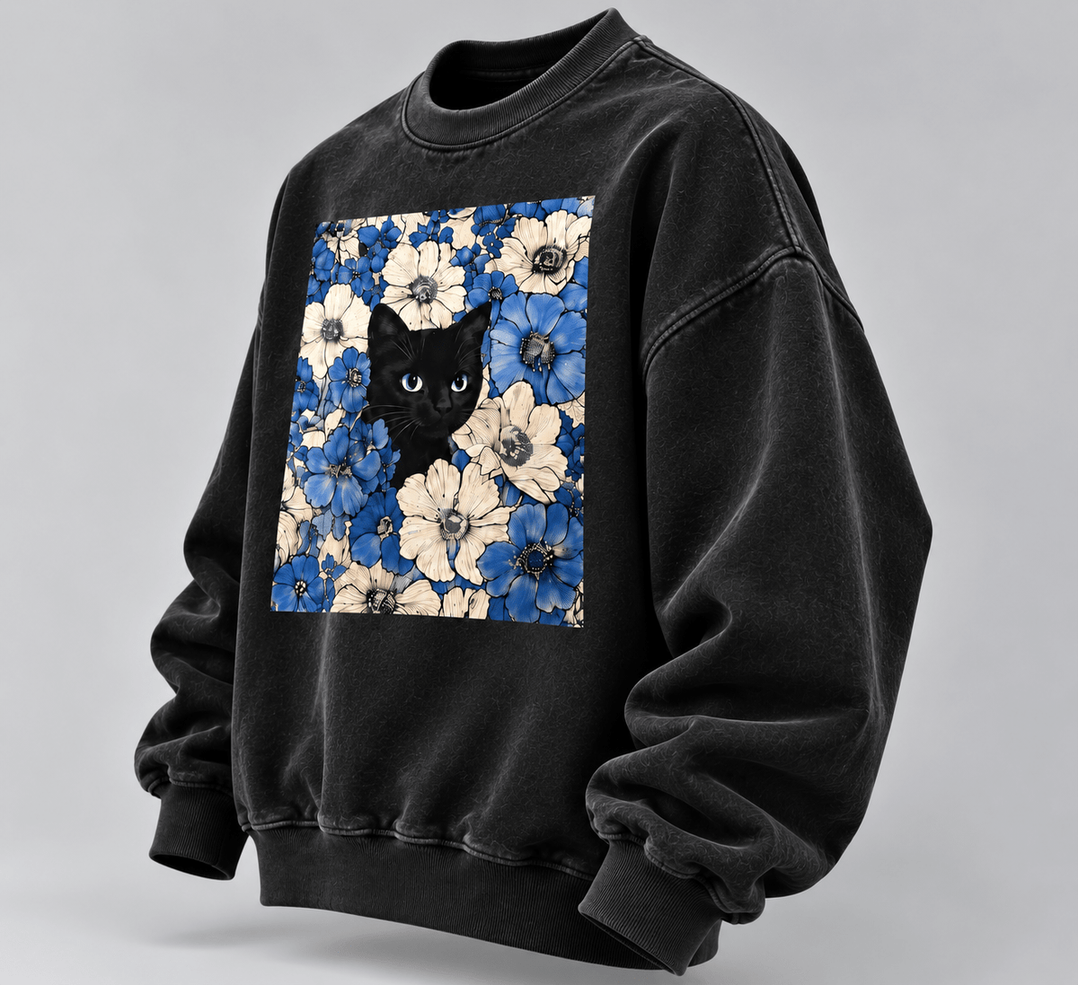TEEZO black oversized sweatshirt with blue floral and cat graphic