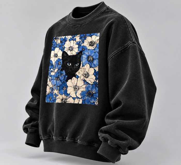 Blue Floral Cat Oversized Sweatshirt