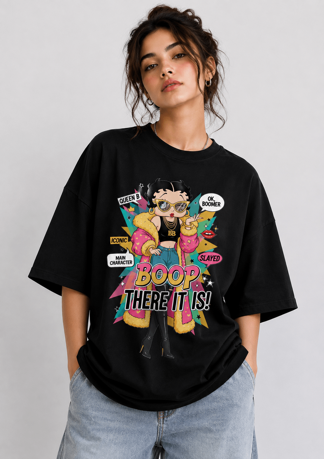 TEEZO Boop There It Is oversized drop shoulder graphic t-shirt black