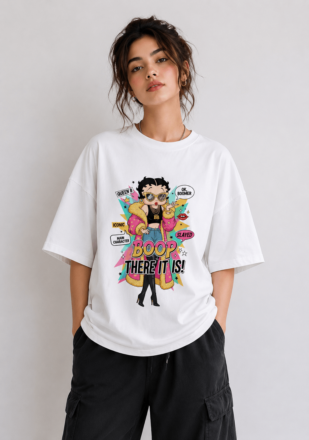 TEEZO Boop There It Is oversized drop shoulder graphic t-shirt white
