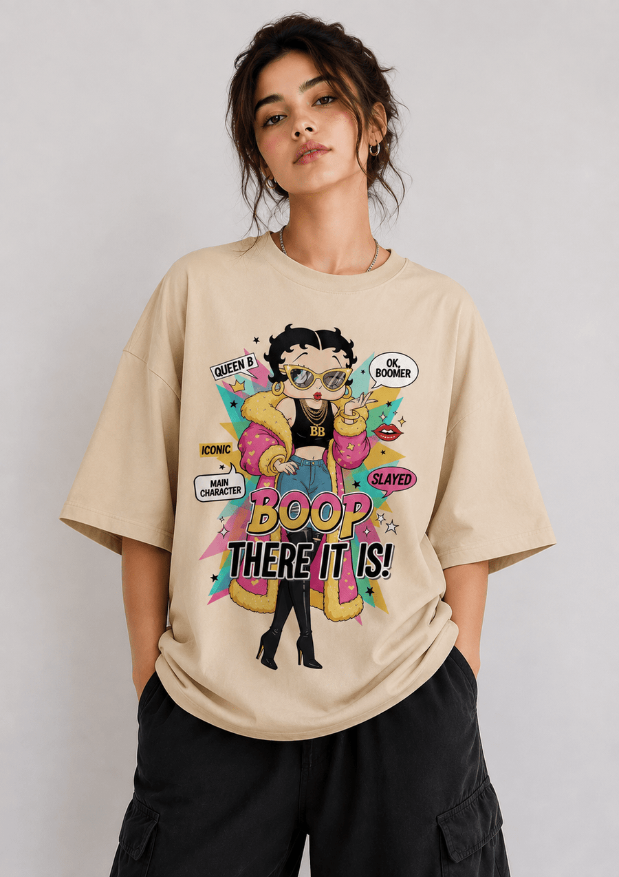 TEEZO Boop There It Is oversized drop shoulder graphic t-shirt beige