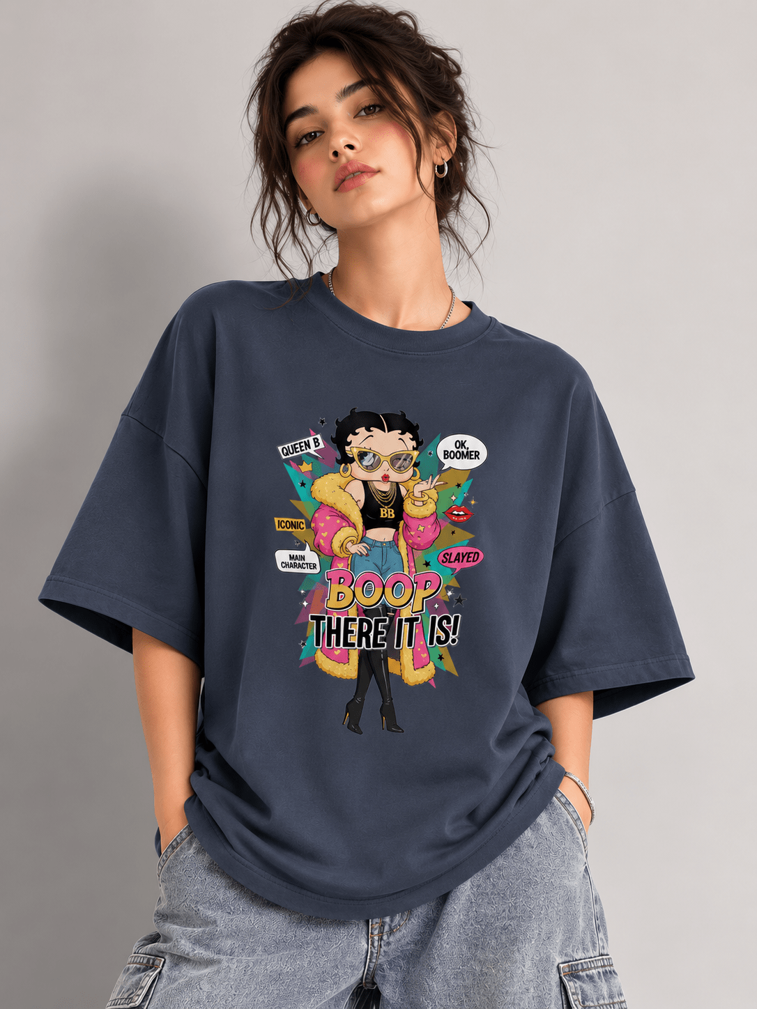 TEEZO Boop There It Is oversized drop shoulder graphic t-shirt grey