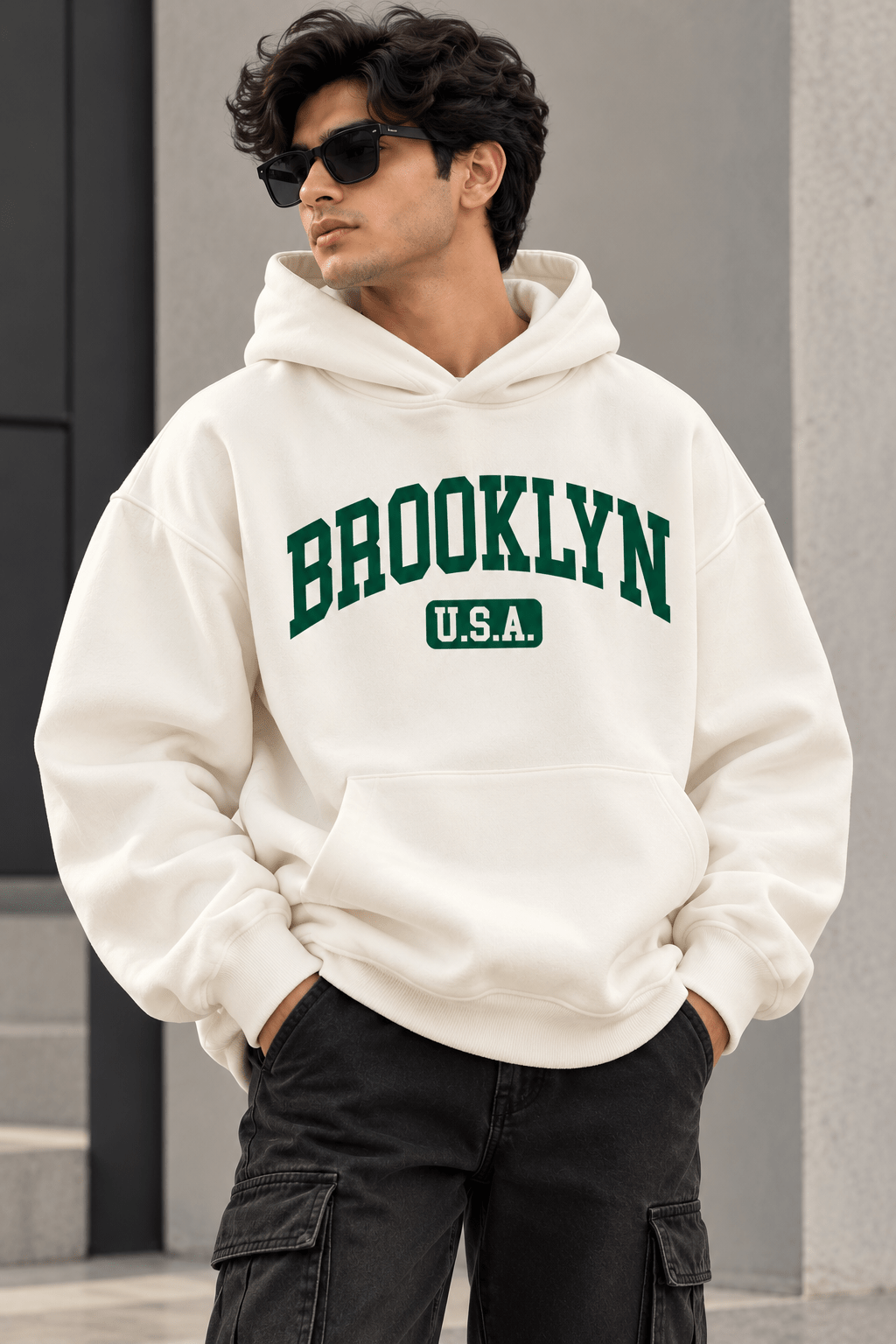 TEEZO off white Brooklyn graphic oversized hoodie for men