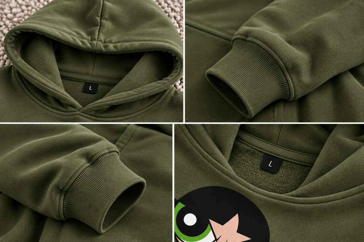 Olive green Buttercup graphic oversized hoodie worn by female model