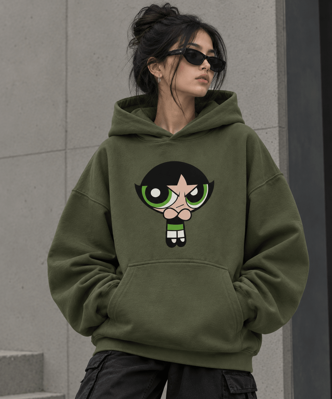 Olive green Buttercup graphic oversized hoodie worn by female model