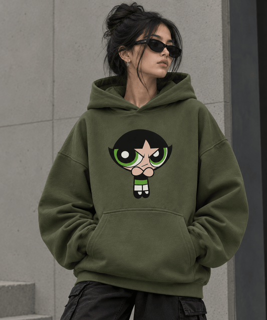 Olive green Buttercup graphic oversized hoodie worn by female model